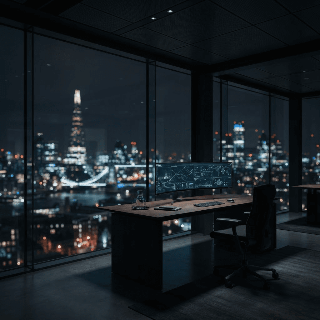 Modern office interior at night with a dashboard on a large monitor